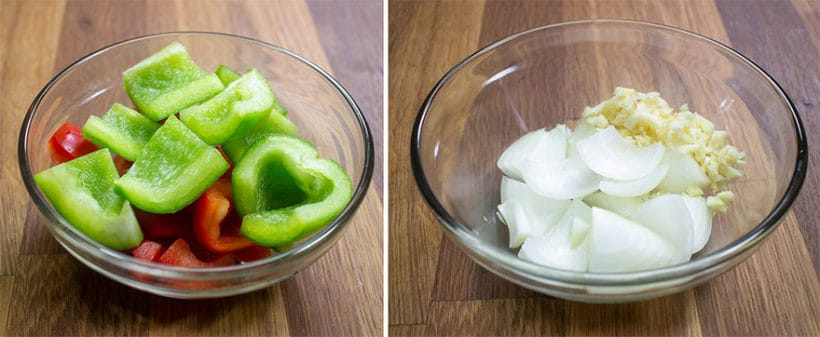 uniformly cut bell pepper and onions