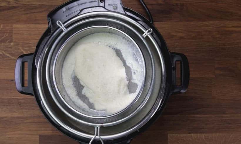 Make 3-Ingredient Fresh Instant Pot Soy Milk Recipe (Pressure Cooker Soy Milk 豆漿, 豆奶): strain soy milk with cheesecloth, nut bag, or stacked mesh strainers for ultra-smooth soya milk
