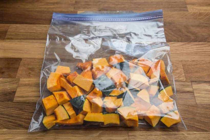 Freeze cubed uncooked Kabocha Squash Japanese Pumpkin in ziploc freezer bag