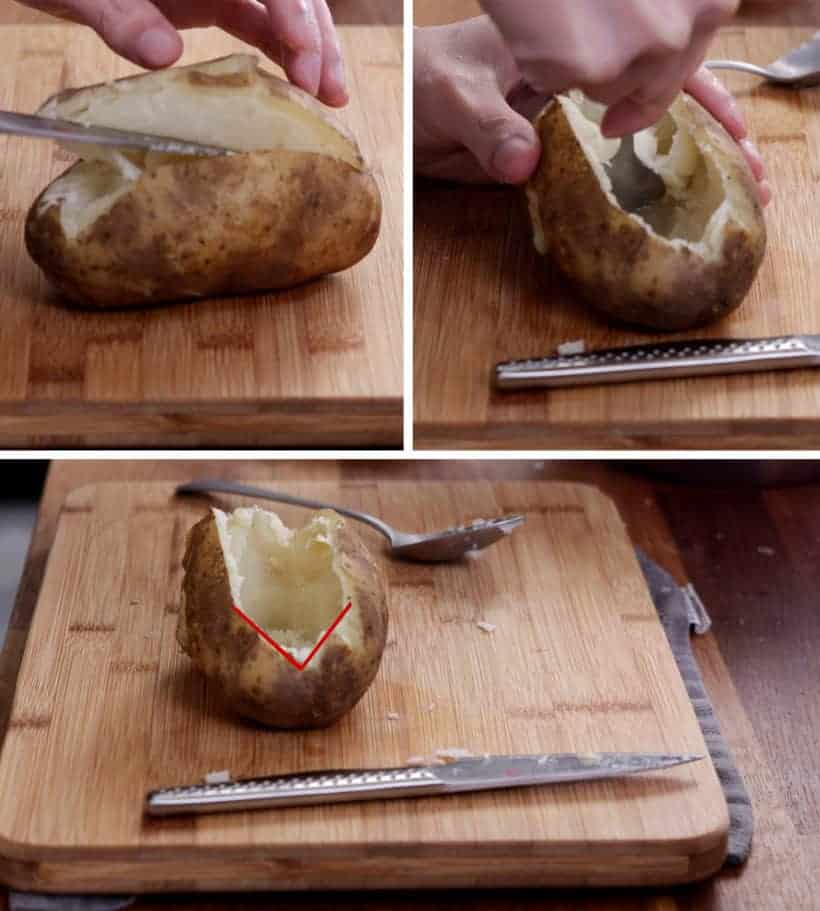 Scrape potato flesh from potato skins to make hollowed potato shells  #AmyJacky #recipe