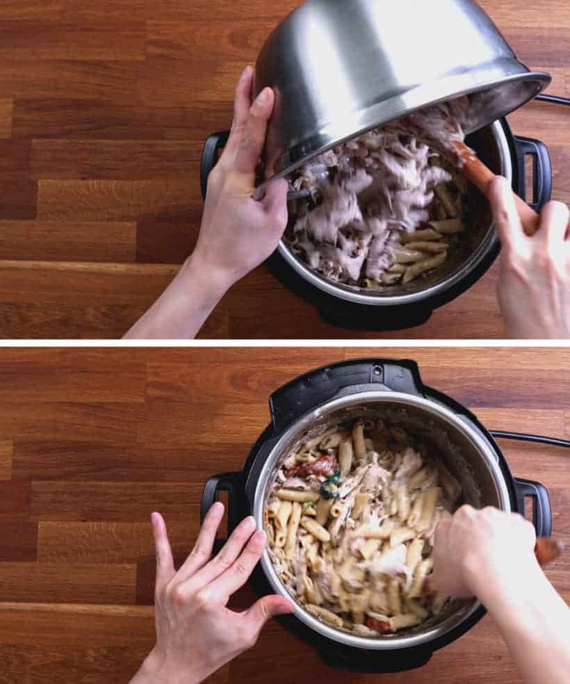 How to cook Instant Pot Tuscan Chicken Pasta: add shredded chicken thighs in Instant Pot  #AmyJacky #InstantPot #PressureCooker #recipes #pasta #chicken