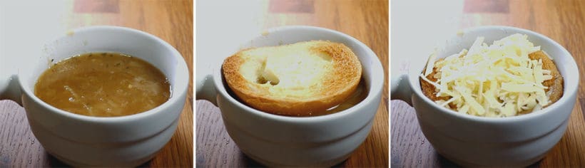 Instant Pot French Onion Soup | Pressure Cooker French Onion Soup: add sliced French baguette on french onion soup, then layer with freshly grated Gruyere cheese in oven-safe bowls