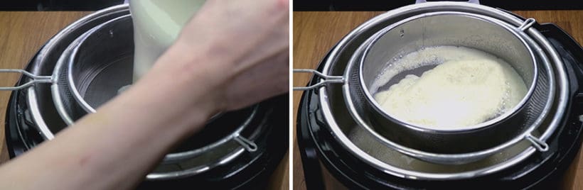 Instant Pot Tofu Pudding Recipe (Pressure Cooker Dou Hua 免石膏粉豆腐花): strain pressure cooked soy milk with cheesecloth or fine mesh strainers into saucepan with agar agar powder