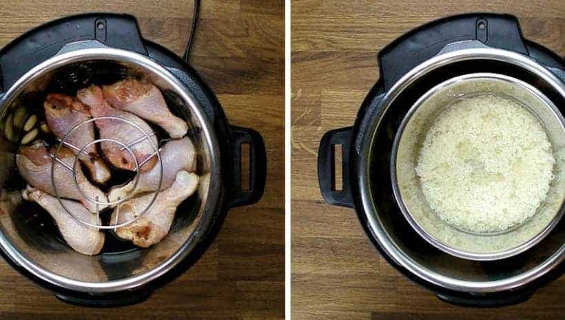 Pot in Pot or Pan in Pot Method to cook Instant Pot Chicken and Rice