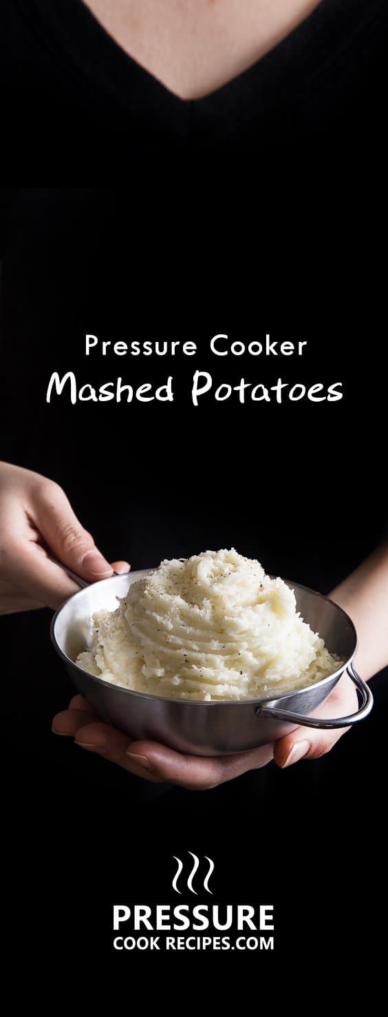 10 minutes prep to make this super easy pressure cooker mashed potatoes. Fluffy, creamy butter garlic smashed potatoes sprinkled with cheese and pepper. Pressurecookrecipes.com