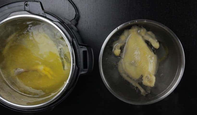 Instant Pot HK Chicken Recipe (Pressure Cooker Chicken) - Cantonese Poached Whole Chicken White Cut Chicken 白切雞: completely submerge whole Instant Pot Chicken in ice water